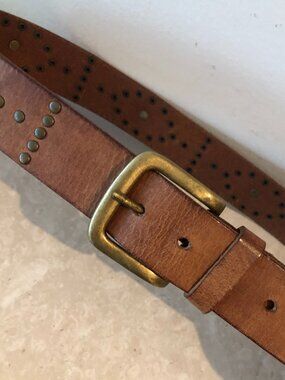 90's Tan Brass tone Studs with Eagle Festival Cowgirl Leather Gold Belt - S/M